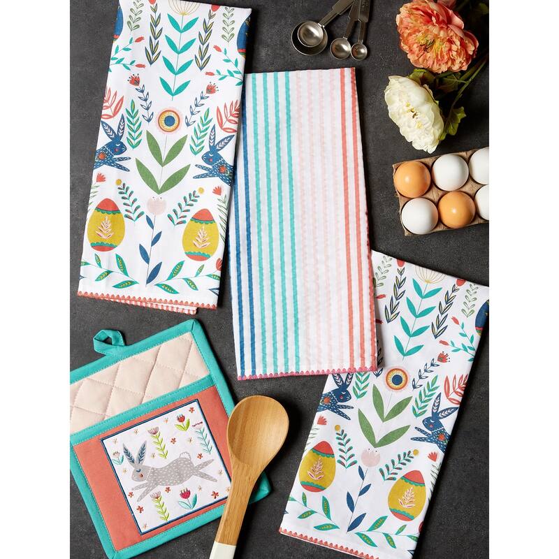 DII Easter Folk Garden Kitchen Textiles, Potholder & Dishtowel, Easter Garden, 4 Pieces