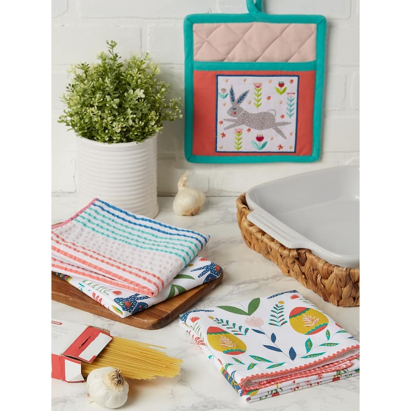 DII Easter Folk Garden Kitchen Textiles, Potholder & Dishtowel, Easter Garden, 4 Pieces