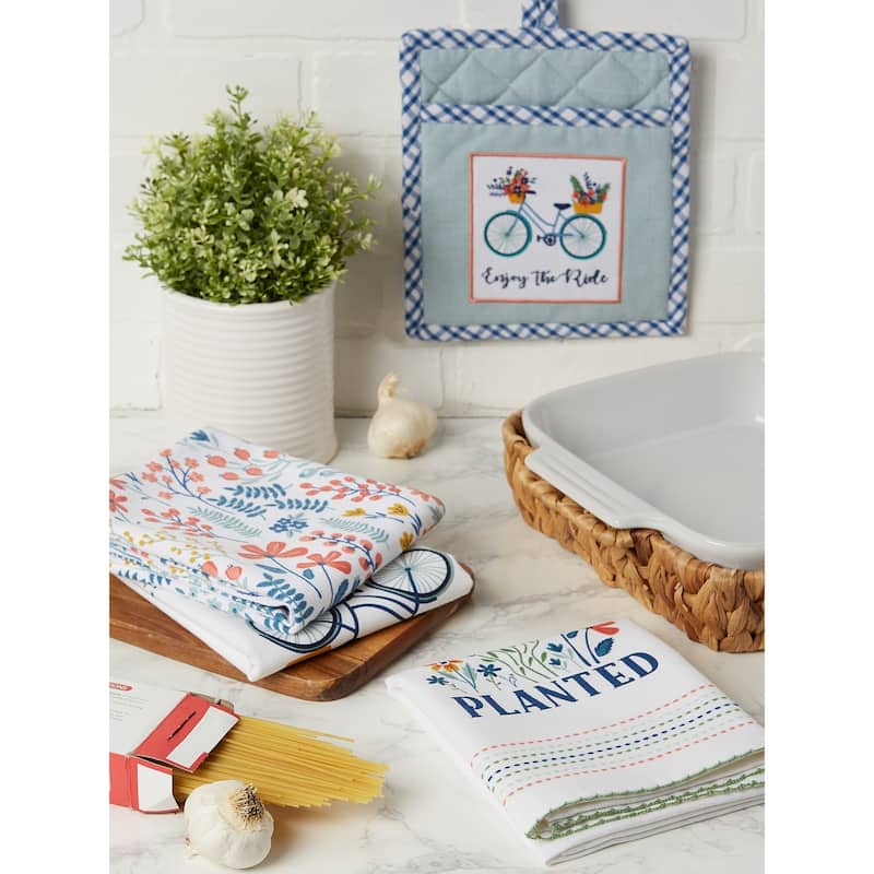 DII Easter Folk Garden Kitchen Textiles, Potholder & Dishtowel, Easter Garden, 4 Pieces