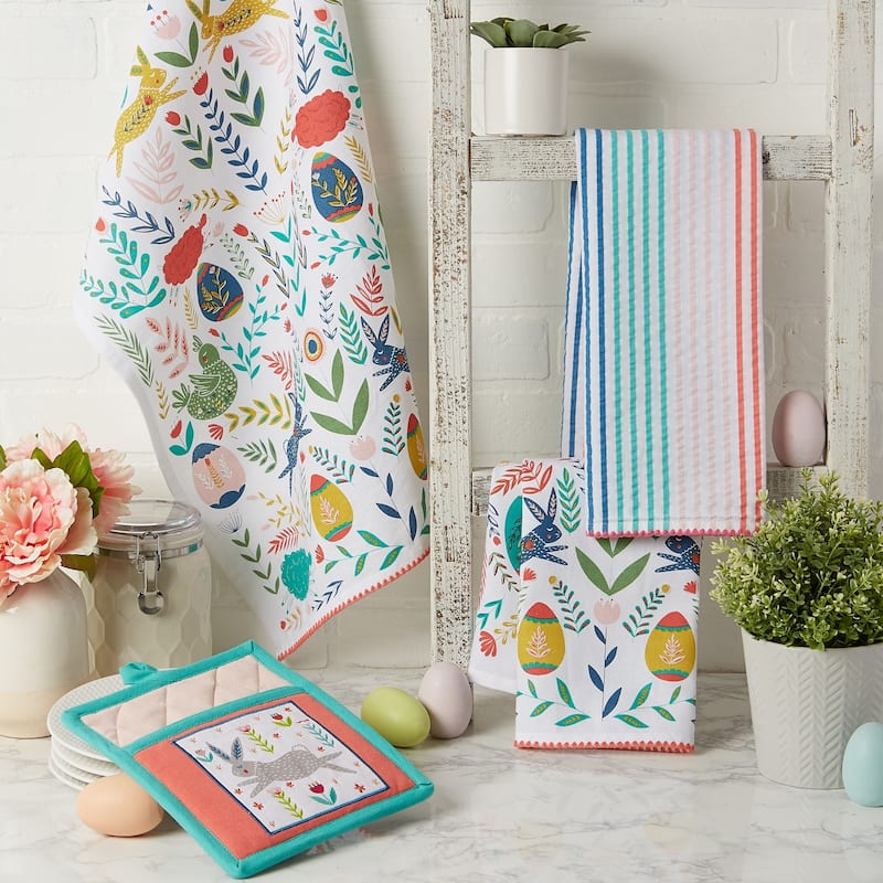 DII Easter Folk Garden Kitchen Textiles, Potholder & Dishtowel, Easter Garden, 4 Pieces