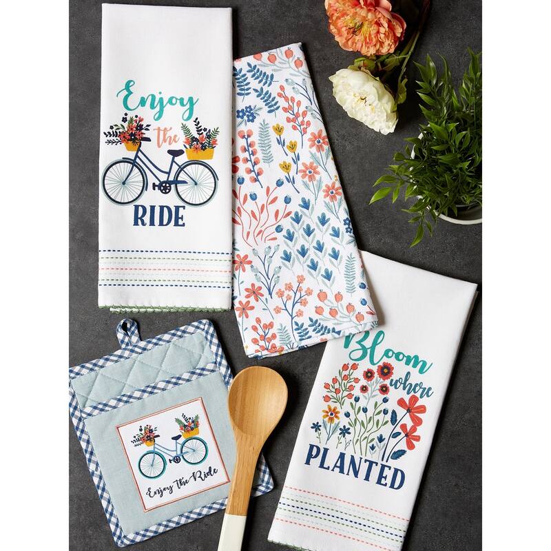 DII Easter Folk Garden Kitchen Textiles, Potholder & Dishtowel, Easter Garden, 4 Pieces