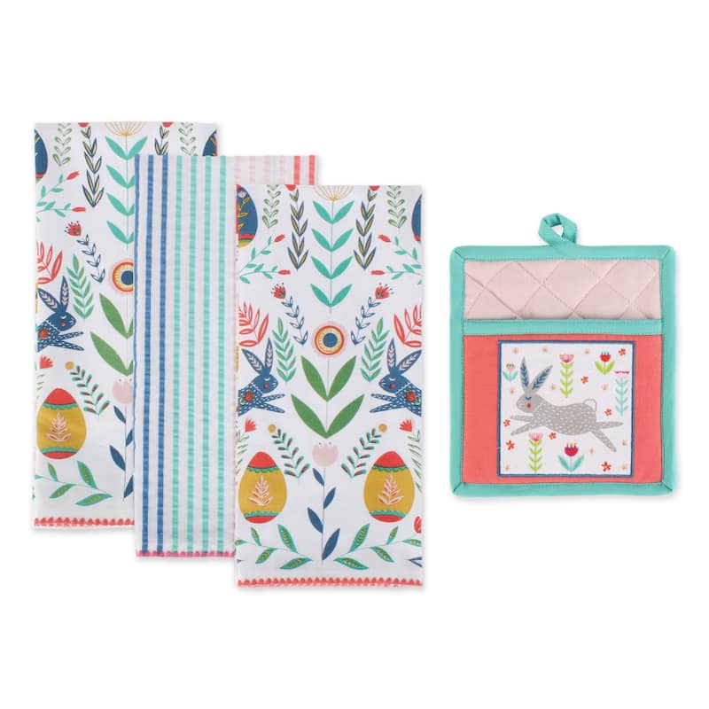 DII Easter Folk Garden Kitchen Textiles, Potholder & Dishtowel, Easter Garden, 4 Pieces