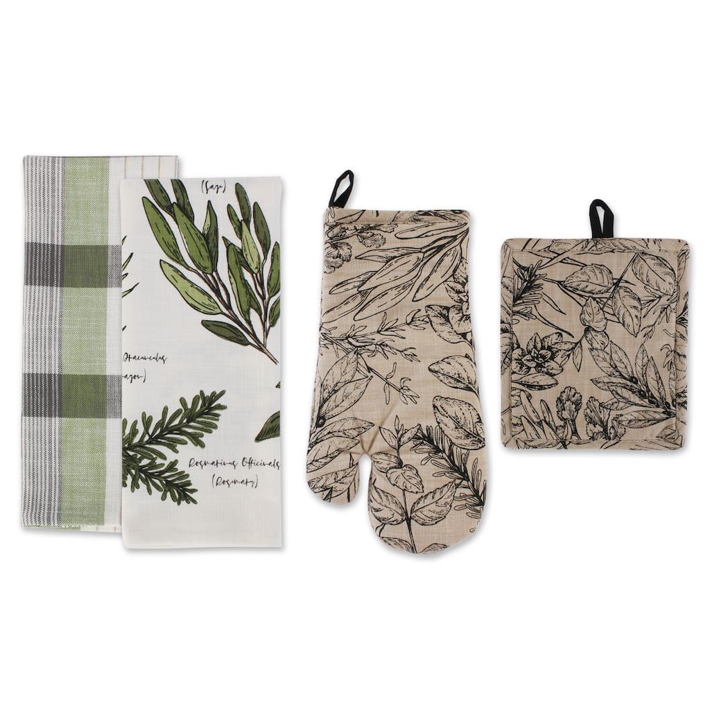 DII Fresh Herbs Kitchen Textiles, Potholder & Dishtowels, Fresh Herbs, 4 Pieces