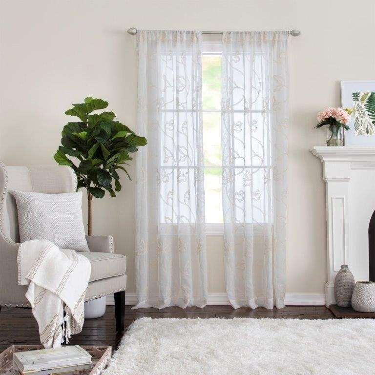 Porch & Den Supreme Embroidered Floral Semi-Sheer Rod Pocket Panel