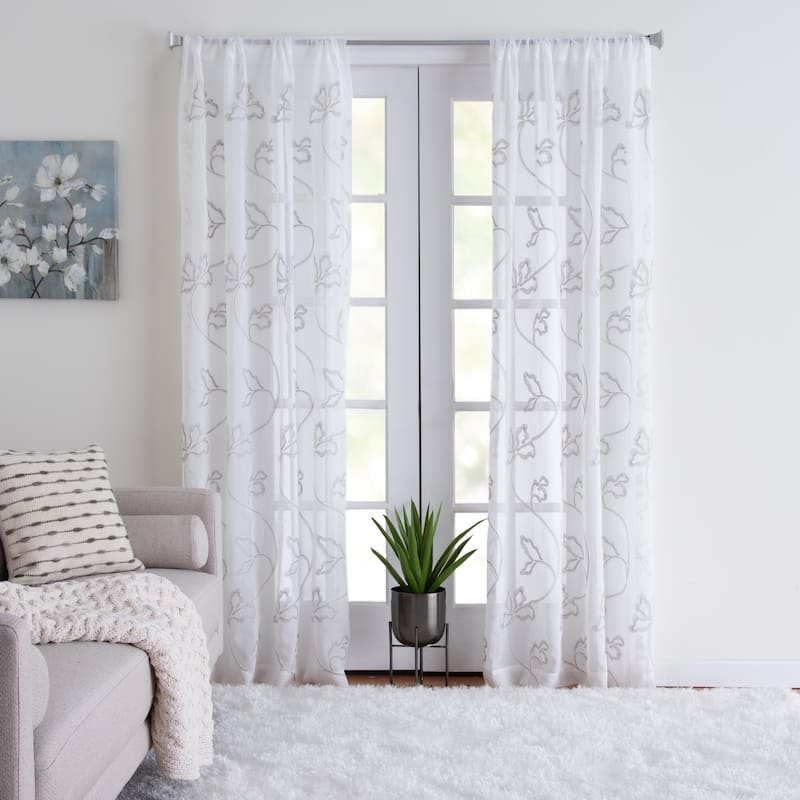 Porch & Den Supreme Embroidered Floral Semi-Sheer Rod Pocket Panel - 50" x 84" - Granite