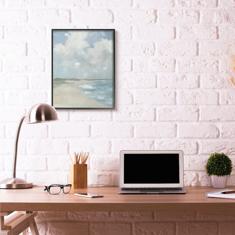 Stupell Impressionist Neutral Blue Green Beach Ocean Painting Framed Wall Art, Design by Third and Wall