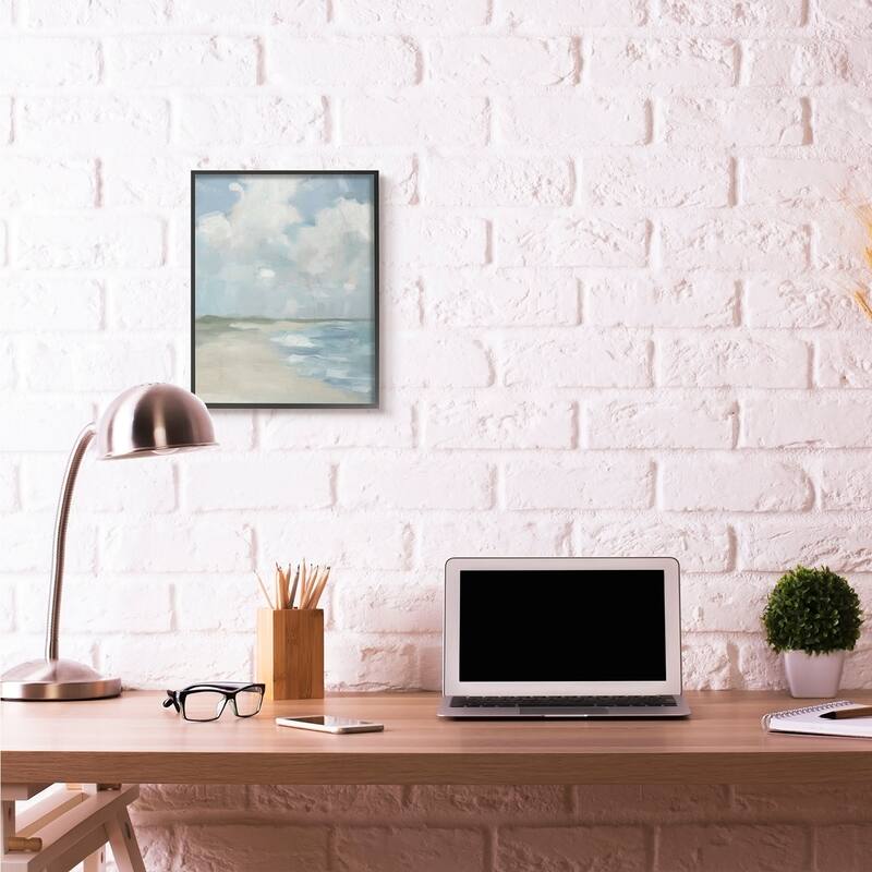 Stupell Impressionist Neutral Blue Green Beach Ocean Painting Framed Wall Art, Design by Third and Wall