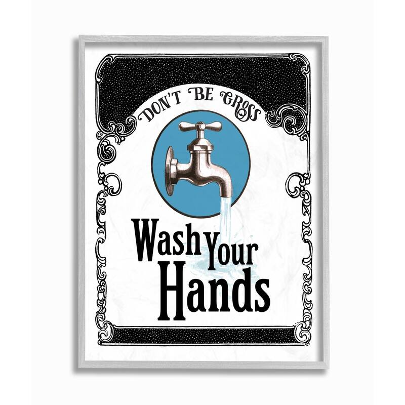 Stupell Wash Your Hands Vintage Blue Bathroom Design Framed Wall Art, Design by The Saturday Evening Post - 11 x 14 - Grey