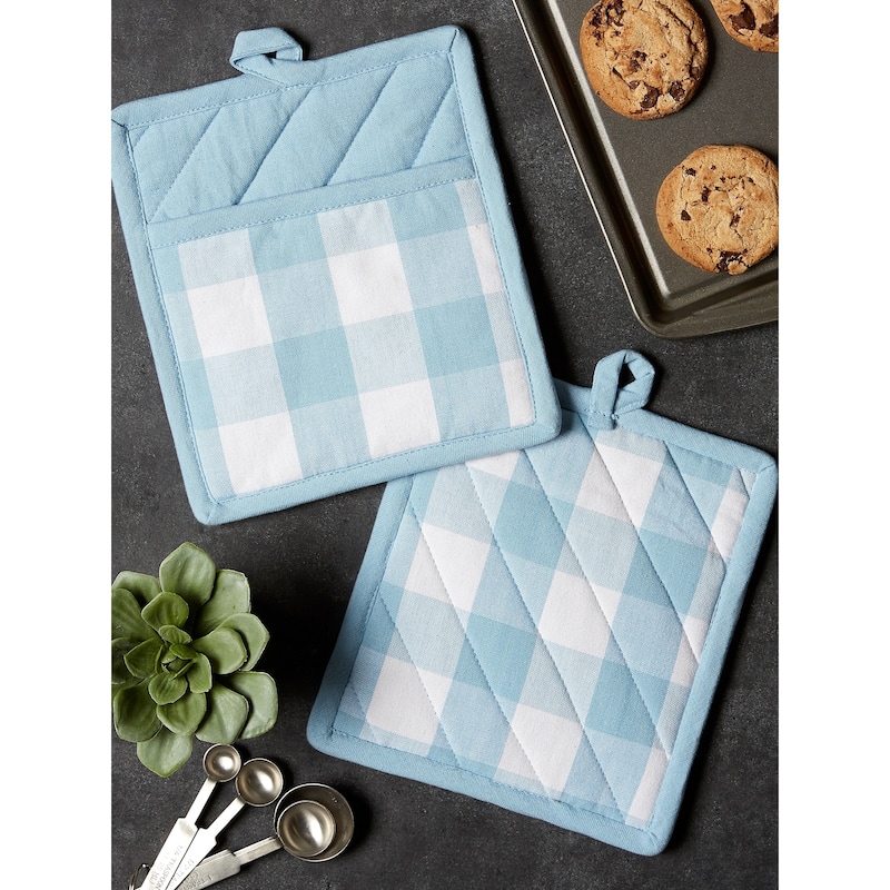 DII Buffalo Check Ktichen Textiles, 9x8", White & Light Blue, 2 Pieces
