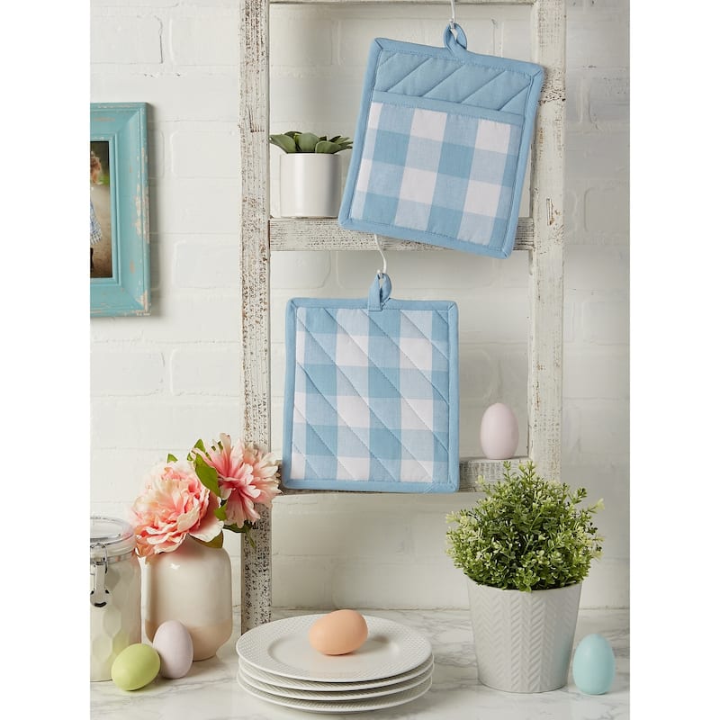 DII Buffalo Check Ktichen Textiles, 9x8", White & Light Blue, 2 Pieces