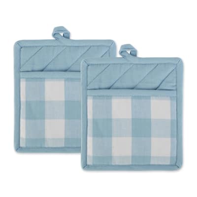 DII Buffalo Check Ktichen Textiles, 9x8", White & Light Blue, 2 Pieces