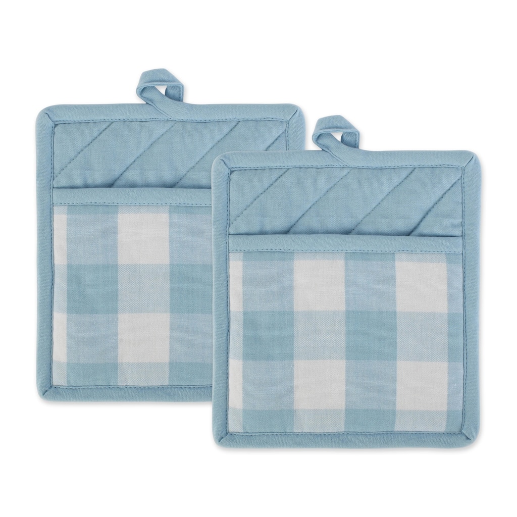 DII Buffalo Check Ktichen Textiles, 9x8", White & Light Blue, 2 Pieces