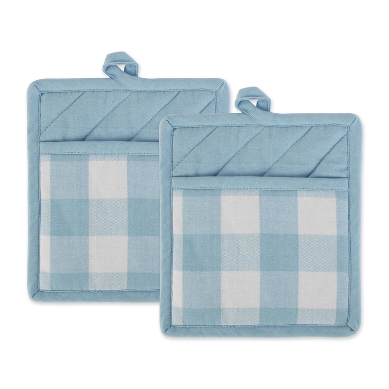 DII Buffalo Check Ktichen Textiles, 9x8", White & Light Blue, 2 Pieces