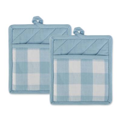 DII Buffalo Check Ktichen Textiles, 9x8", White & Light Blue, 2 Pieces