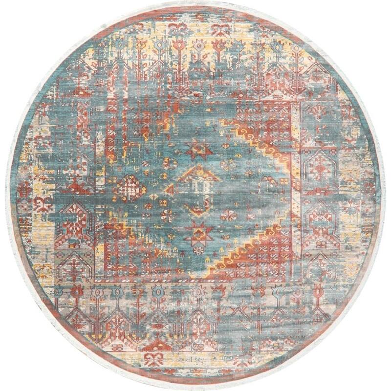 Traditional Vintage Style Distressed Heat-Set Geometric Area Rugs - 10'0" x 10'0" Round