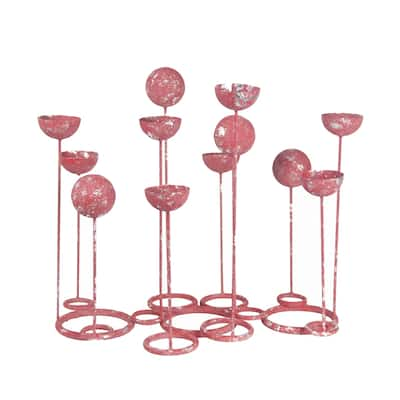 Multiple Bowl Shaped Metal Candle Bar with Round Base, Pink and Silver