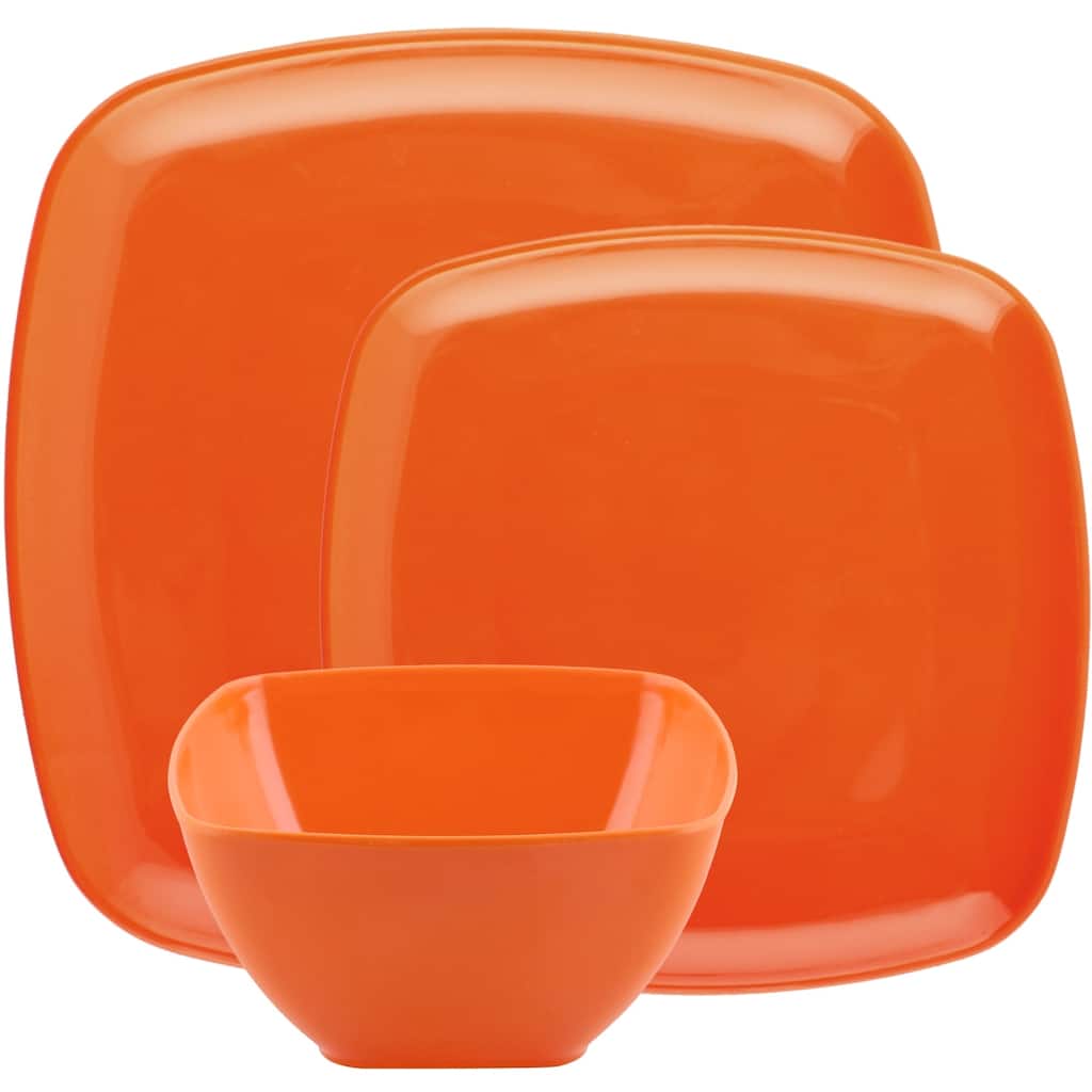 Melange 18 Pcs Melamine Square Dinnerware Set (Squares Solid)|Dinner Plate, Salad Plate & Soup Bowl (6 Each)|Color:Red Orange