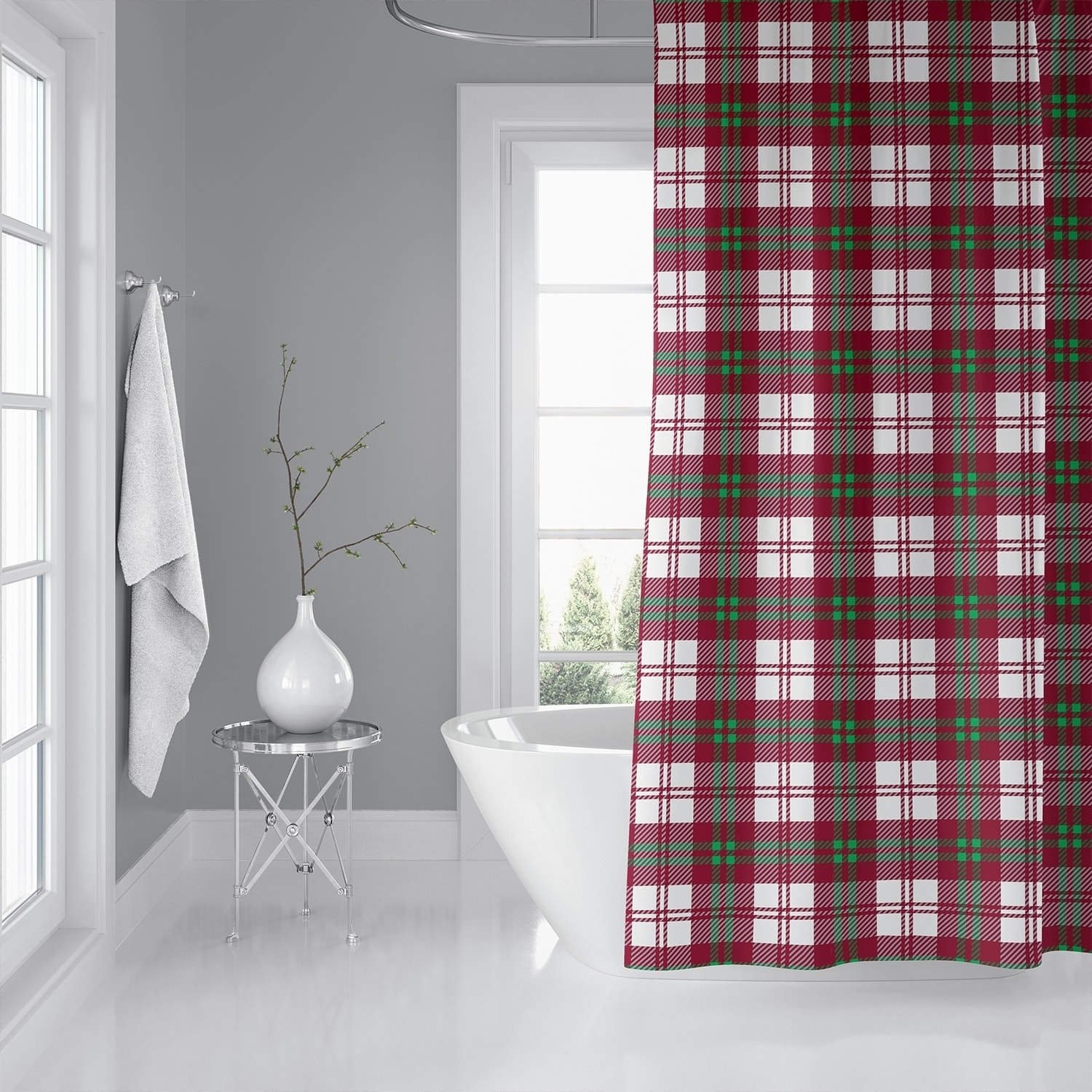 Christmas Fabric Shower Curtain Plaid Burgundy Red Green Ivory Pattern 