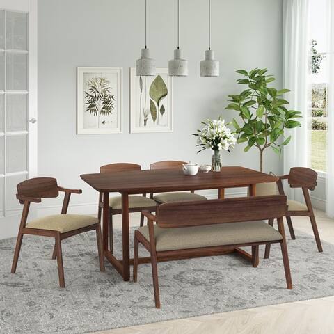 Carson Carrington Comiskey 6-piece Mid Century Modern Cherry Wood Dining Table, Arm Bench and Arm Chairs
