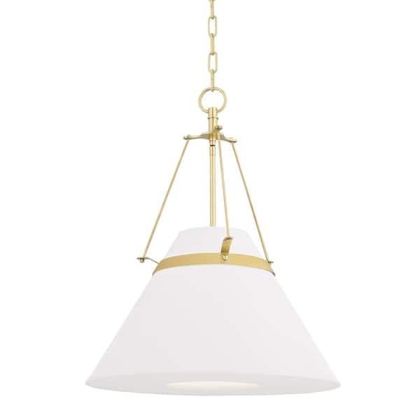 slide 1 of 1, Clemens 1-light Aged Brass Pendant, White Linen