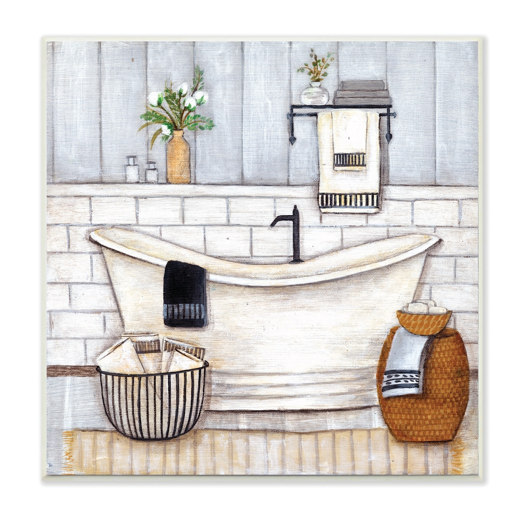 Stupell Industries Bathroom Farmhouse Style Tub Neutral Grey Drawing,12x12,  Wood Wall Art