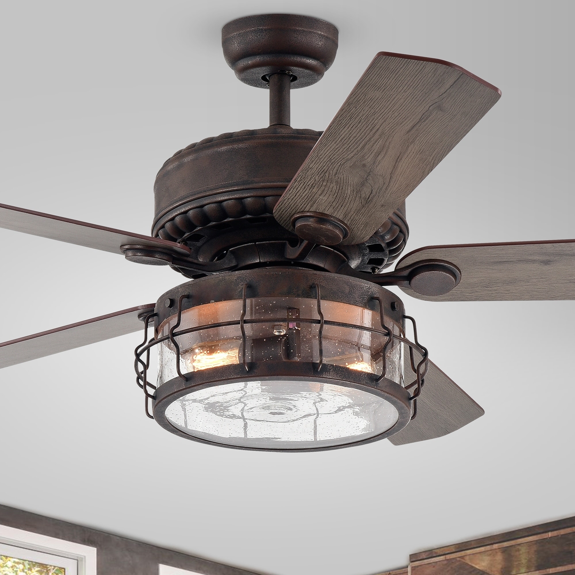 Bobet Rustic Bronze 52 Inch 5 Blade Lighted Ceiling Fan With Caged Drum Shade Includes Remote