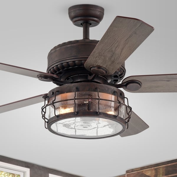 slide 2 of 6, Carbon Loft Kjirsten Rustic Bronze 52-inch 5-blade Lighted Ceiling Fan with Caged Drum Shade (Includes Remote)