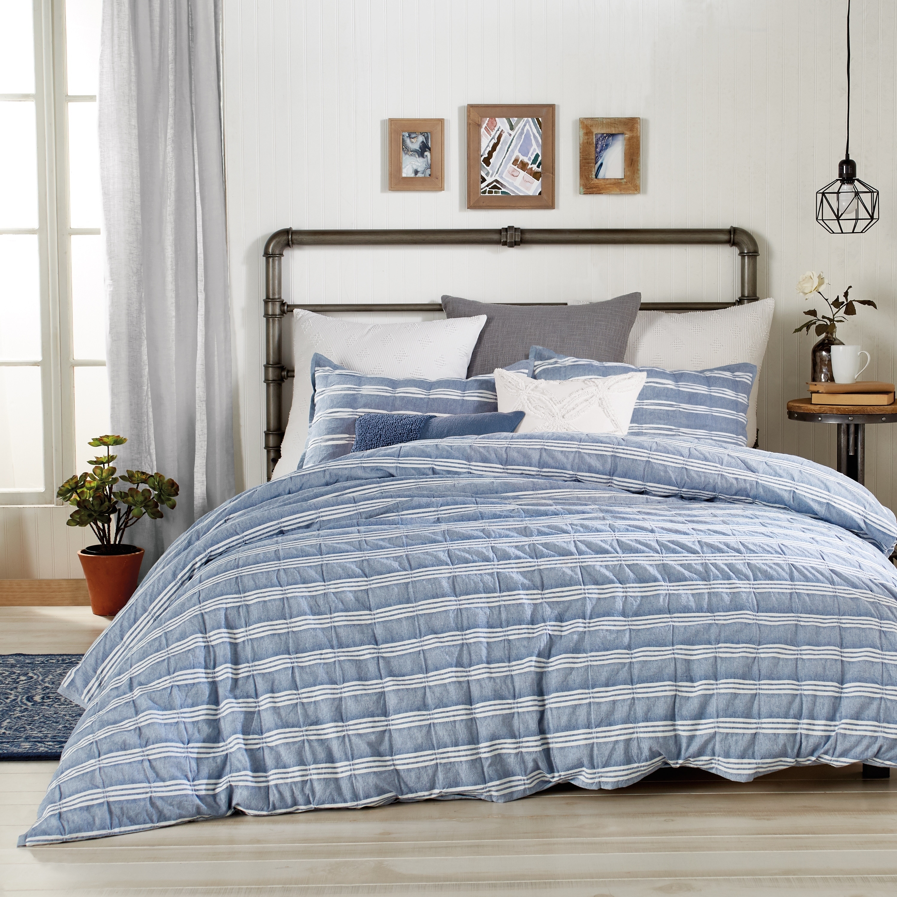 Nesco Stripe Reversible Cotton Duvet Cover 3 Piece Set, Lush Decor