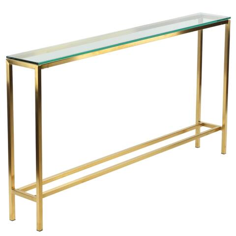 Cortesi Home Juan Console Table, Brushed Gold Color with Clear 10mm Glass, Skinny 56" x 8"