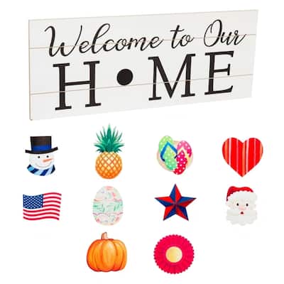 28-inch x 11-inch Wooden Welcome Sign w/ 10 Interchangeable Theme Pieces
