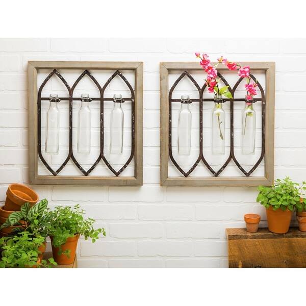 18 Inch X 18 Inch Wooden Wall Panels With Glass Vases Set Of 2 Panels W 6 Vases