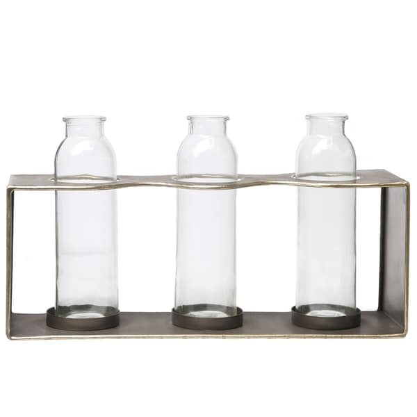 Metal Rectangle Bud Vase Holder with Clustered Glued Bottom Glass Bottles and Smooth Edges Metallic Finish Copper - N/A