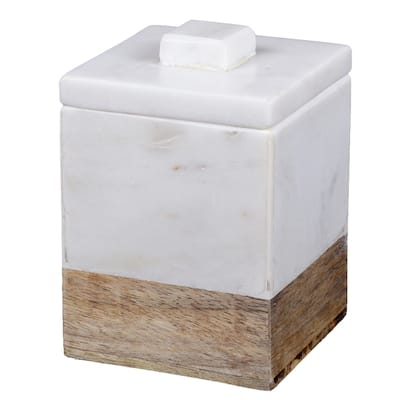 Creative Home Off-White Marble and Mango Wood Cotton Ball Swab Holder, Bathroom Storage Jar - N/A