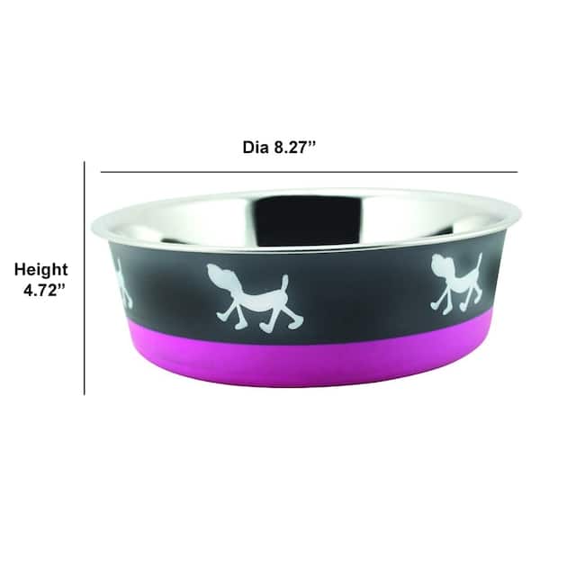 Stainless Steel Pet Bowl with Anti Skid Rubber Base and Dog Design, Large, Gray and Pink-Set of 6