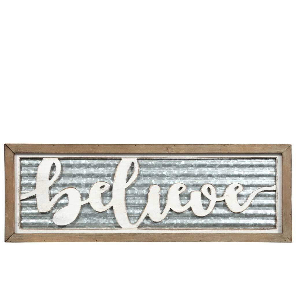 Metal Rectangle Wall Art in Wood Frame with Carved "Believe" Cursive Writing and Sawtooth Back Hangers Galvanized Finish Gray