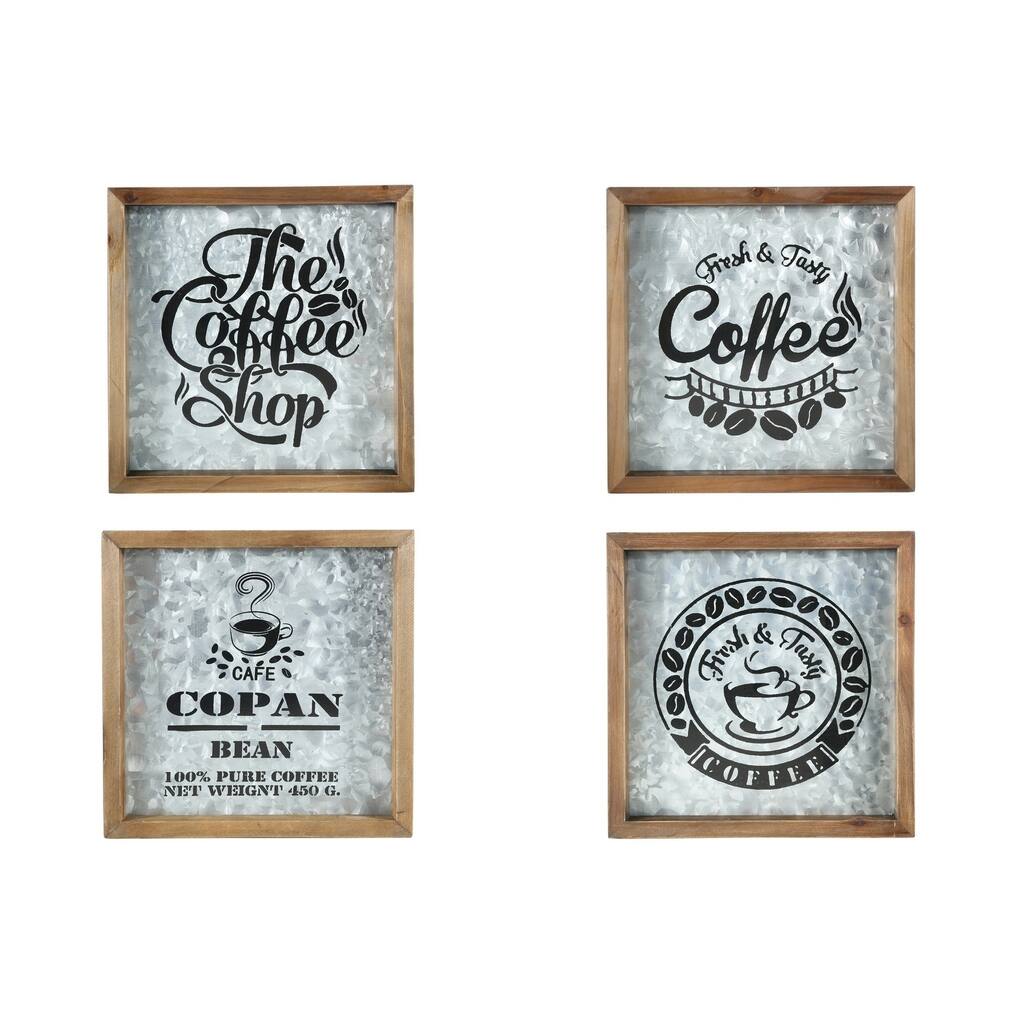 Metal Square Wall Art with Wood Frame, "Coffee Shop Theme" Printed Assortment of Four Galvanized Finish Gray