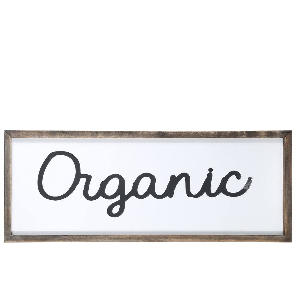 Wood Rectangle Wall Art with Frame and "Organic" Writing in Cursive Panted Finish White
