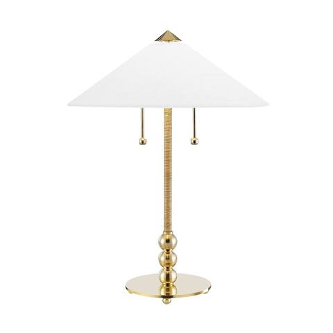 Flare 2-light Aged Brass Table Lamp, White Belgian Linen