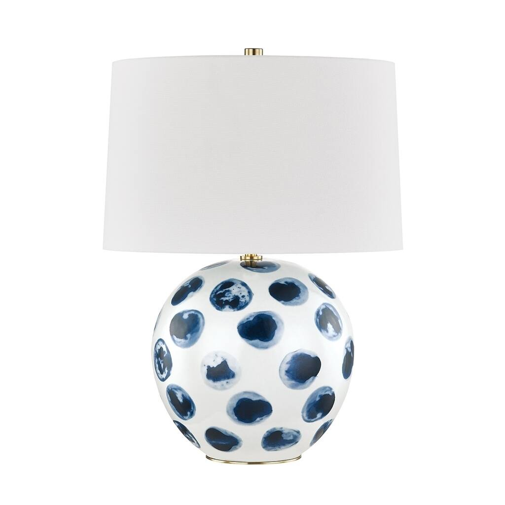 Blue Point 1-light White and Blue Dots Table Lamp, White Belgian Linen