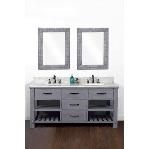 60"Rustic Solid Fir Double Sink Vanity in Blue Grey Driftwood Finish with Marble Top-No Faucet