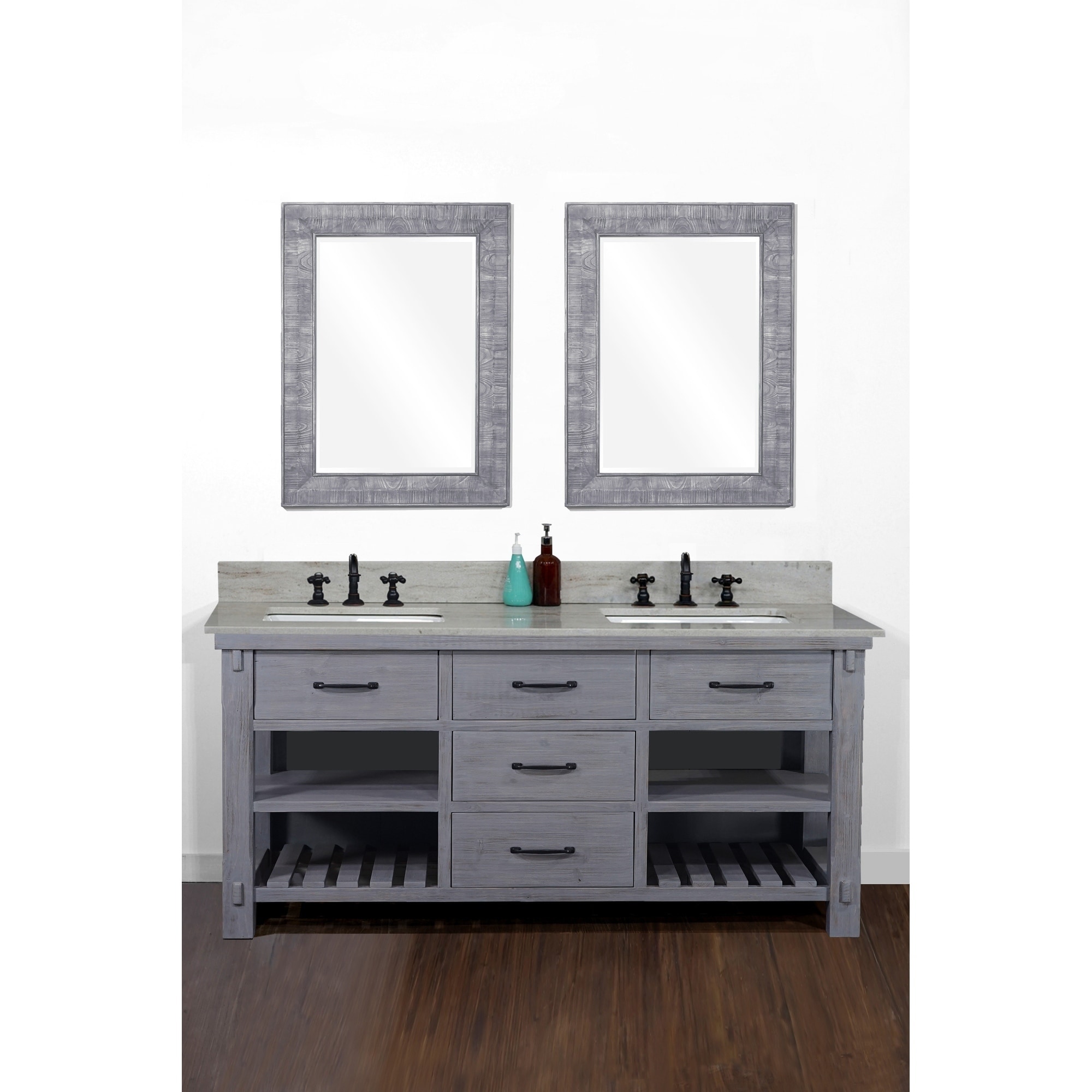 60rustic Solid Fir Double Sink Vanity In Blue Grey Driftwood Finish With Marble Top No