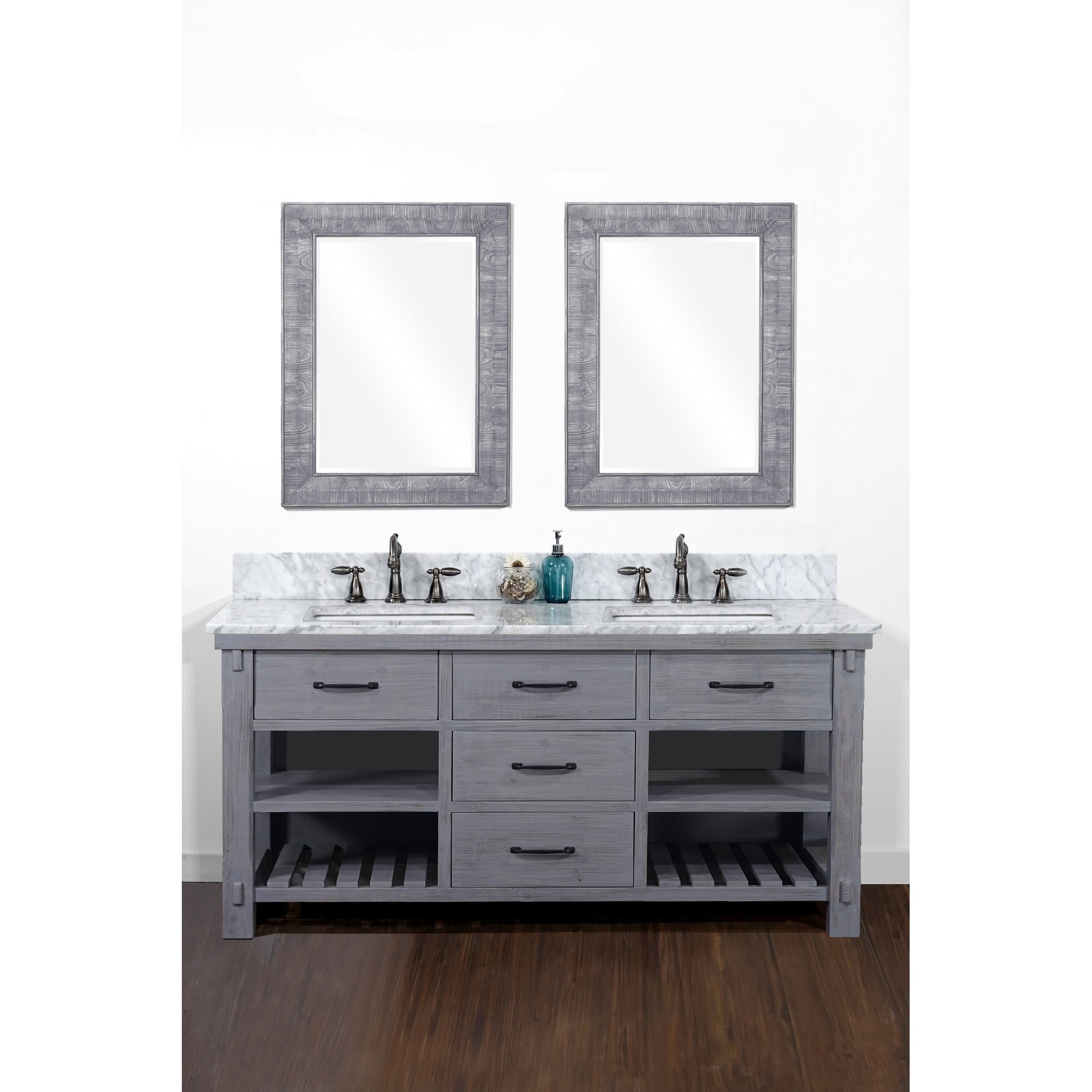60 Rustic Solid Fir Double Sink Vanity In Blue Grey Driftwood Finish With Marble Top No Faucet 30510565 Rustic Solid Fir Double Sink Vanity
