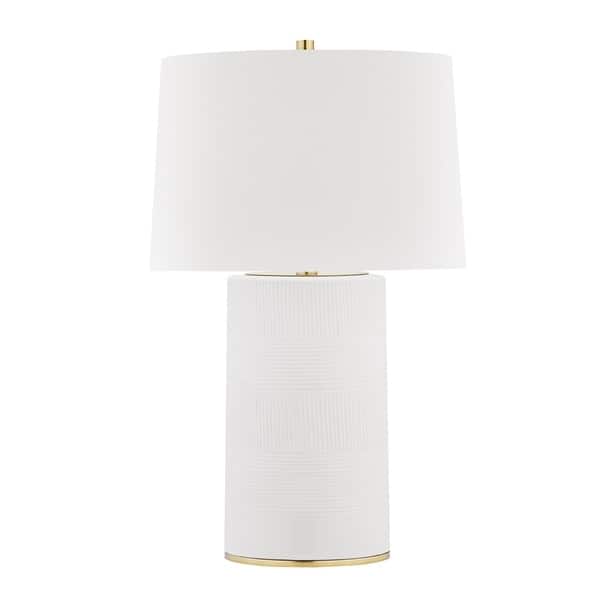 slide 1 of 1, Borneo 1-light Aged Brass and White Table Lamp, White Linen