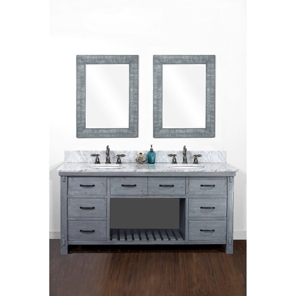 72"Rustic Solid Fir Double Sink Vanity in Blue-Grey Driftwood Finish with Marble Top-No Faucet