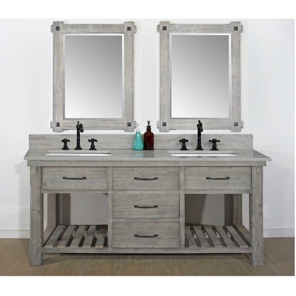 72"Rustic Solid Fir Double Sink Vanity in Grey Driftwood Finish with Marble Top-No Faucet