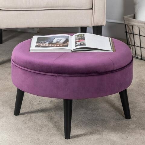 Adeco Single Button Tufted Round Velvet Cocktail Coffee Table Ottoman