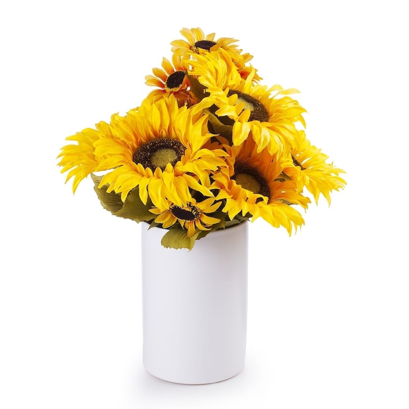 Enova Home Artificial Mixed Fake Silk Sunflowers Arrangement in White Ceramic Vase for Home Wedding Centerpiece Decor - N/A