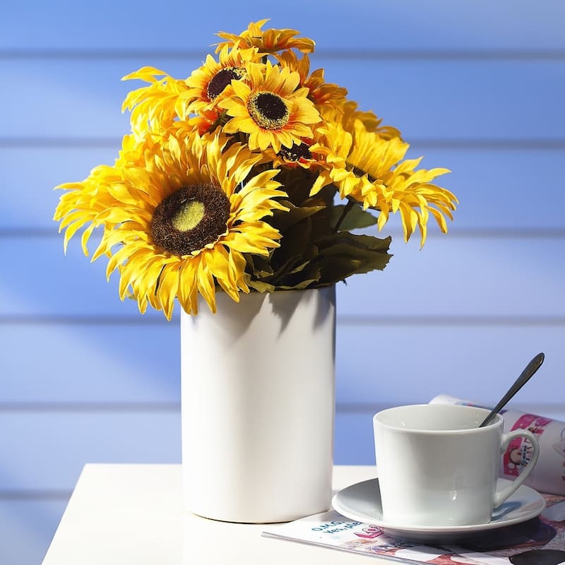 Enova Home Artificial Mixed Fake Silk Sunflowers Arrangement in White Ceramic Vase for Home Wedding Centerpiece Decor - N/A