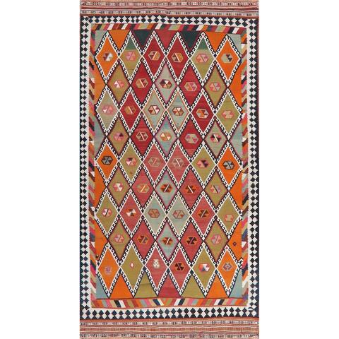 Vintage Diamond Geometric Kilim Kashkoli Persian Runner Rug Hand-Woven - 4'4" x 8'7" Runner