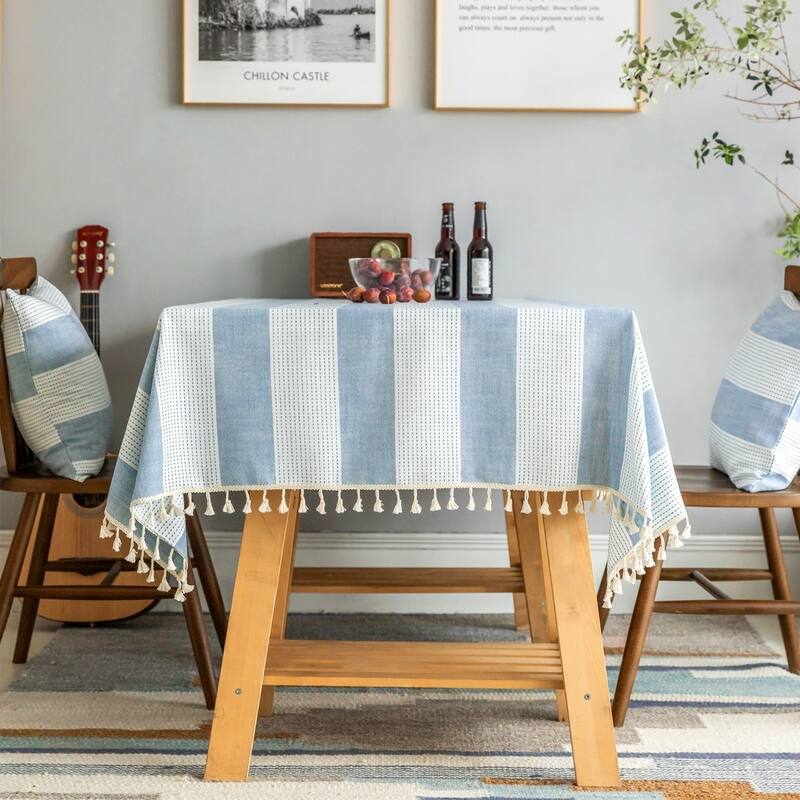 Enova Home Light Blue High Quality Rectangle Cotton and Linen Tablecloth with Tassels For Dinning Table